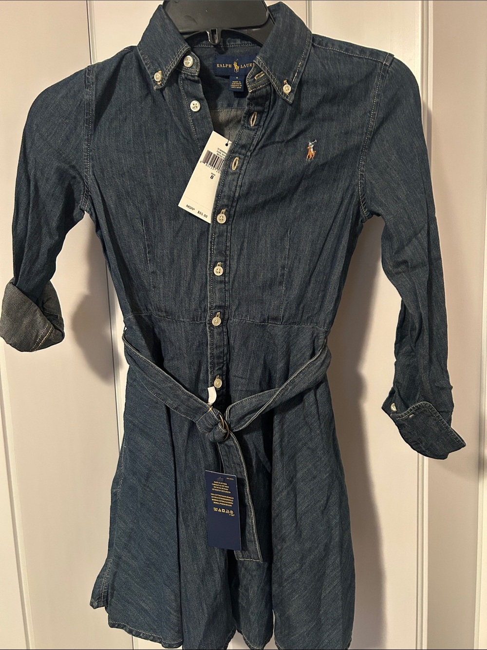Ralph Lauren Dark Blue Denim Button-Front Shirt Dress with Tie Waist